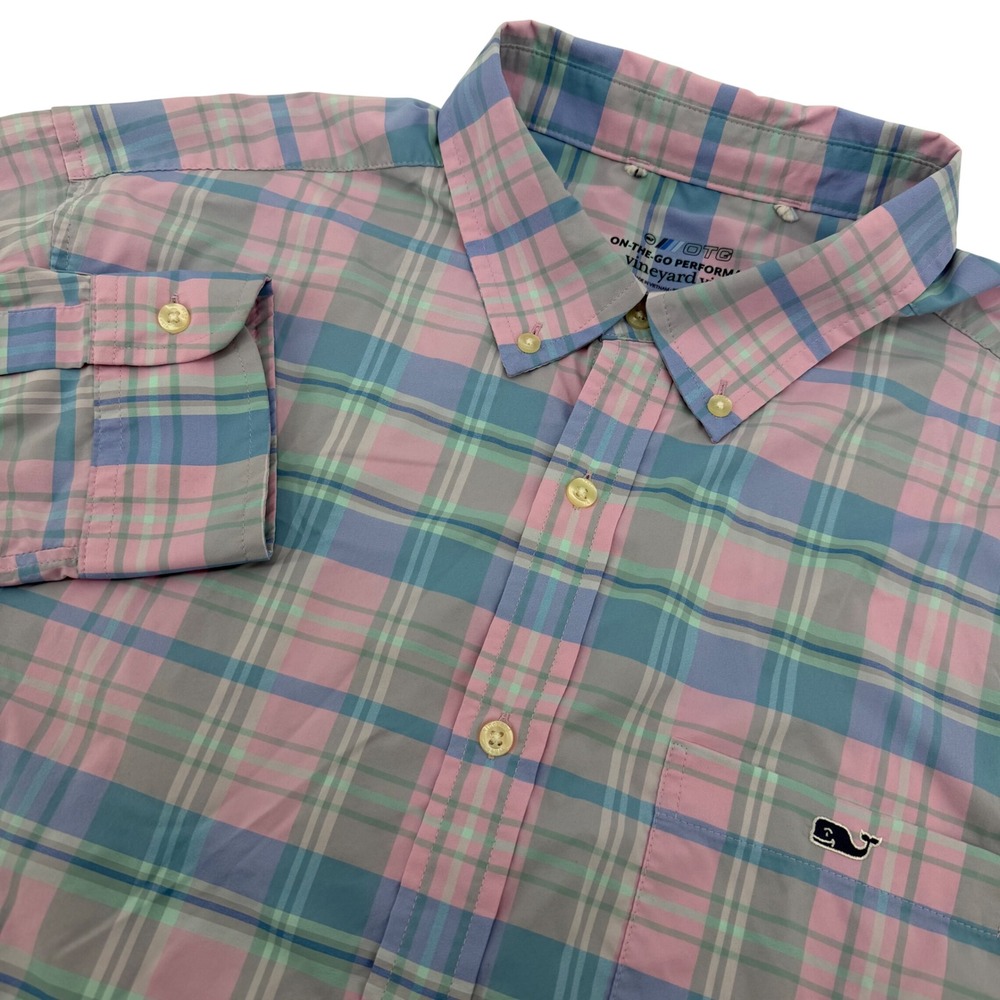 Vineyard Vines Shirt Mens XL Pink Blue OTG On-The-Go Performance Plaid Button Up